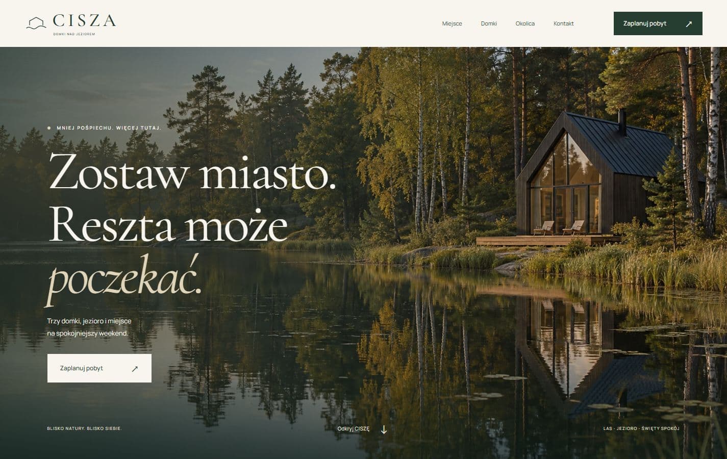 Koncepcyjna strona CISZA z ofertą domków nad jeziorem i widokiem drewnianego domku
