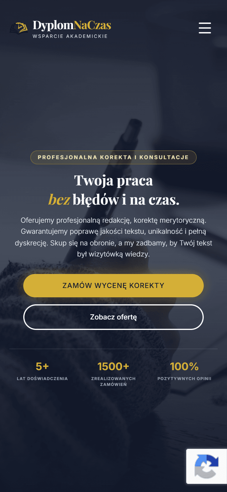 Mobilna strona główna DyplomyNaCzas z ofertą korekty i konsultacji