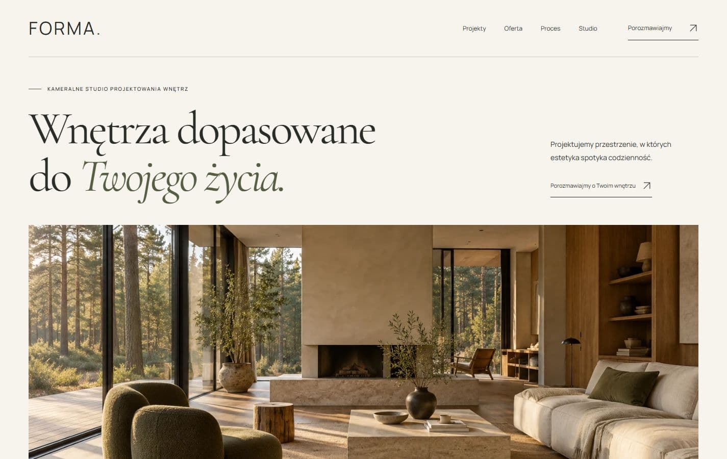 Koncepcyjna strona studia FORMA z prezentacją wnętrz i oferty projektowej