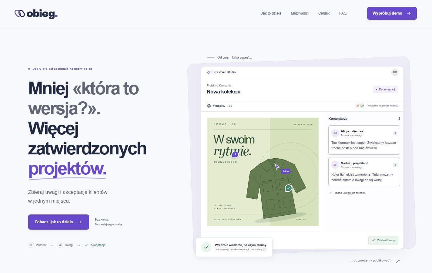 Koncepcyjna strona OBIEG z prezentacją narzędzia do uwag i akceptacji projektów
