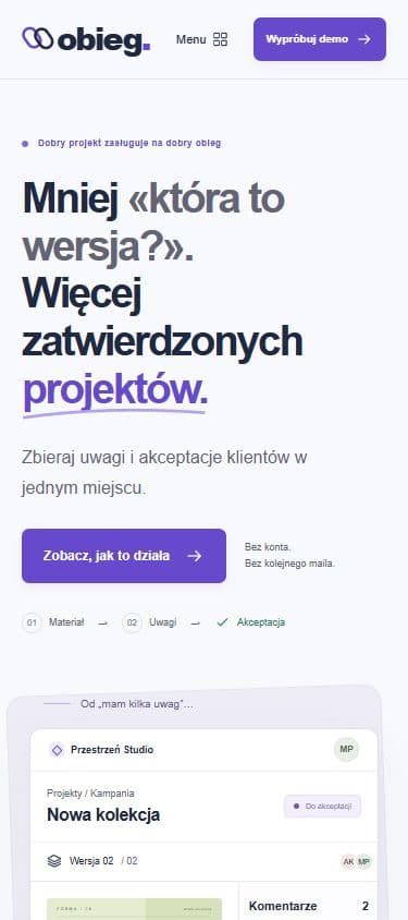 Mobilna strona OBIEG z prezentacją narzędzia do komentarzy i zatwierdzania materiałów