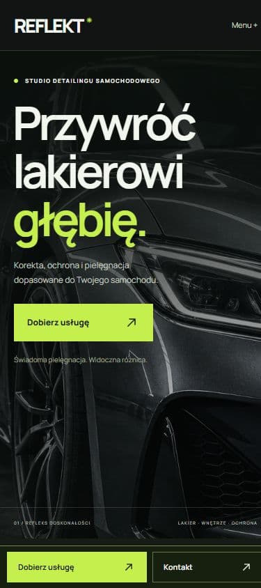 Mobilna strona REFLEKT z ofertą pielęgnacji samochodów i przyciskiem doboru usługi