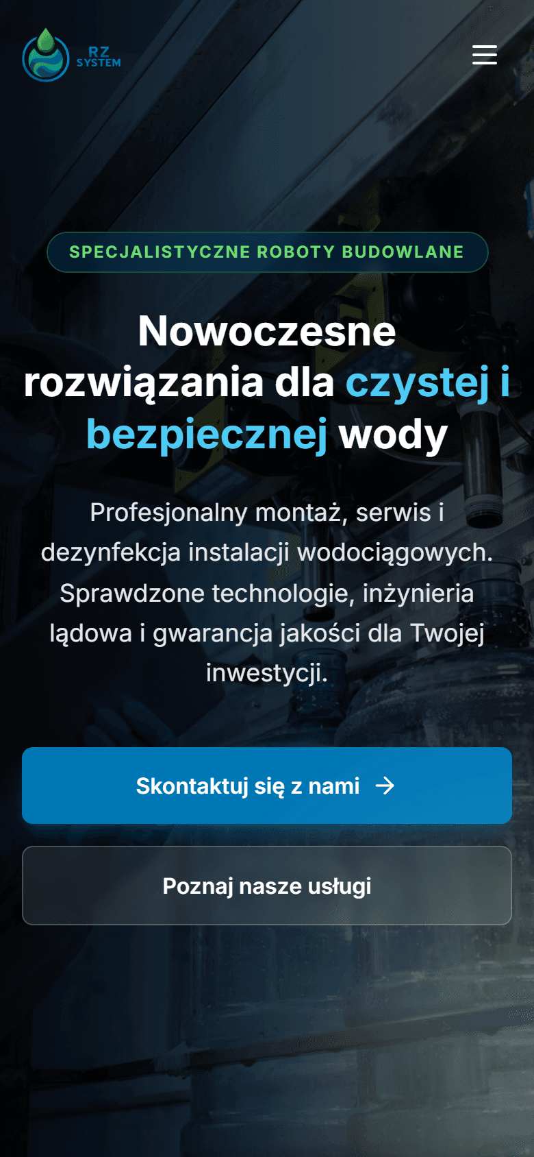 Mobilna strona RZSystem z ofertą robót budowlanych i instalacji wodociągowych