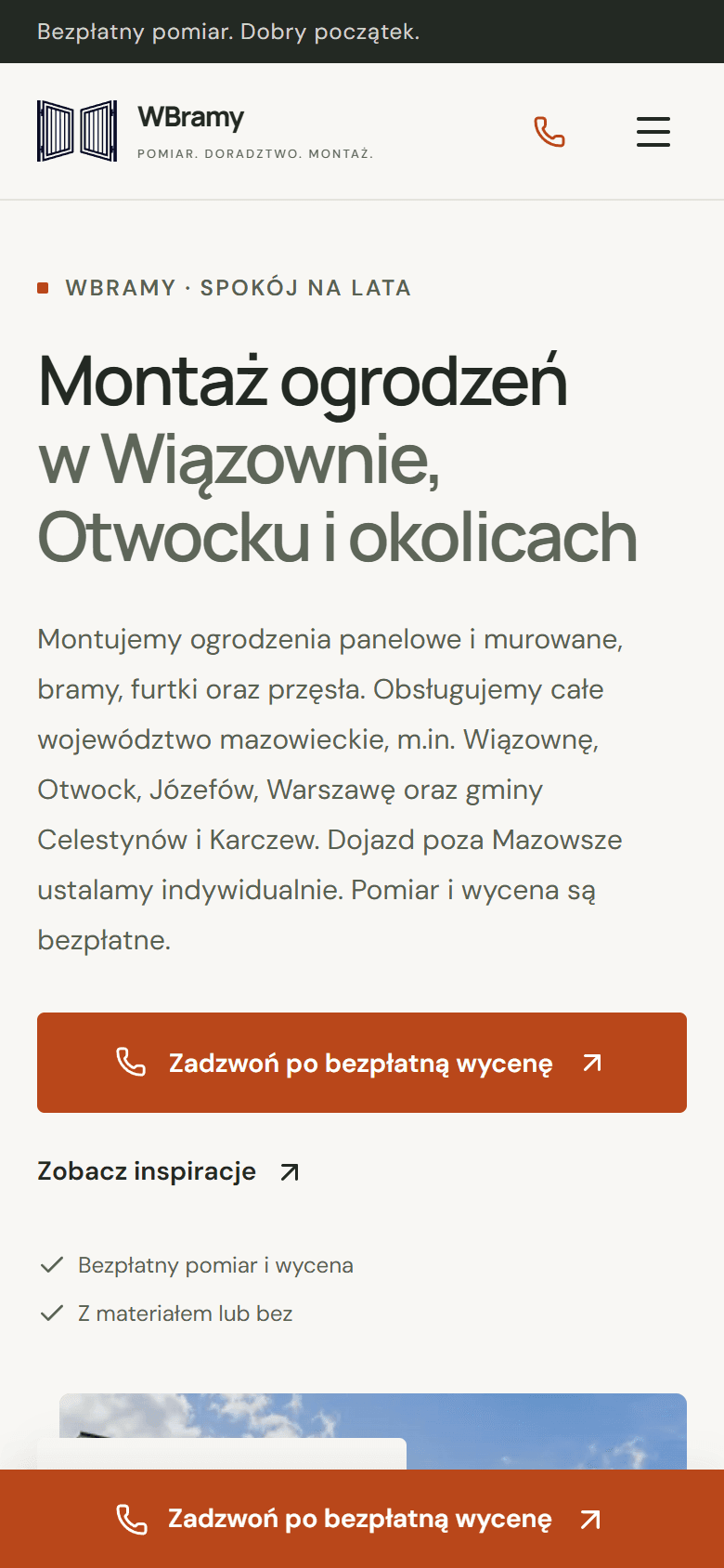 Mobilna strona WBramy z ofertą montażu ogrodzeń i kontaktem w sprawie wyceny